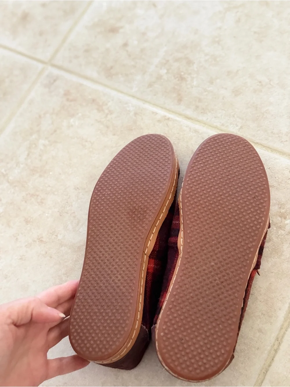 Toms Burgundy and Red Plaid Slip-On Flats with shearling lining
